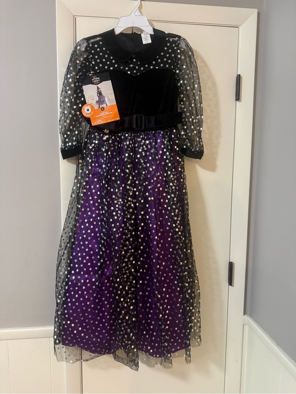 Girls Black and Purple light-up starlight Witch Costume Dress/hat L 10/12